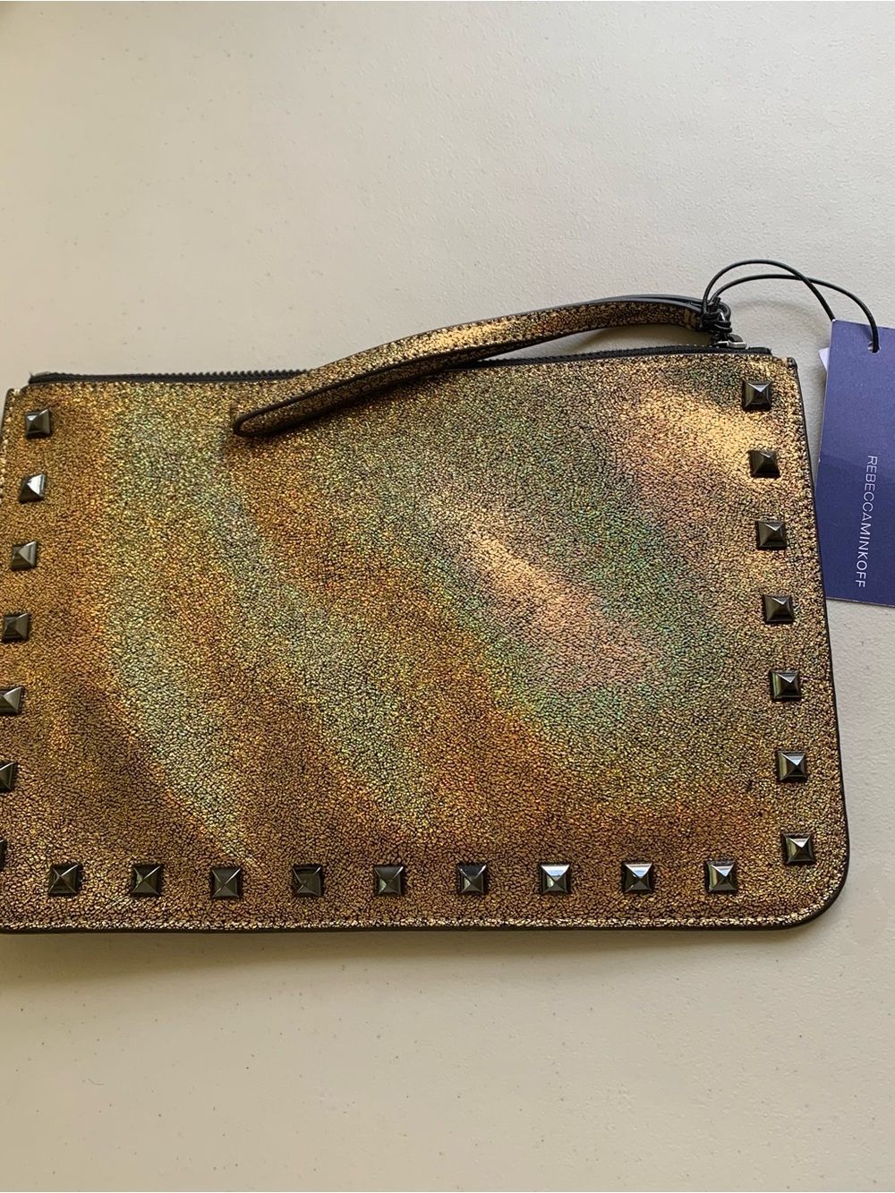 NWT Rebecca Minkoff Gold Genuine Leather Studded Flat Women's Clutch
